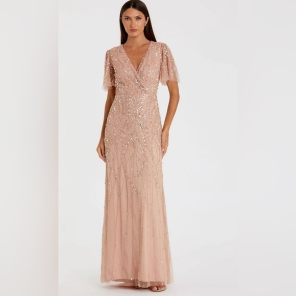 NWT | Mac Duggal 35109 Nude Pink Embellished Flutter Sleeve Gown Size 10 - Picture 2 of 13
